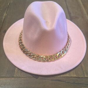Pink Fedora Hat with Removable Gold Chain Accent